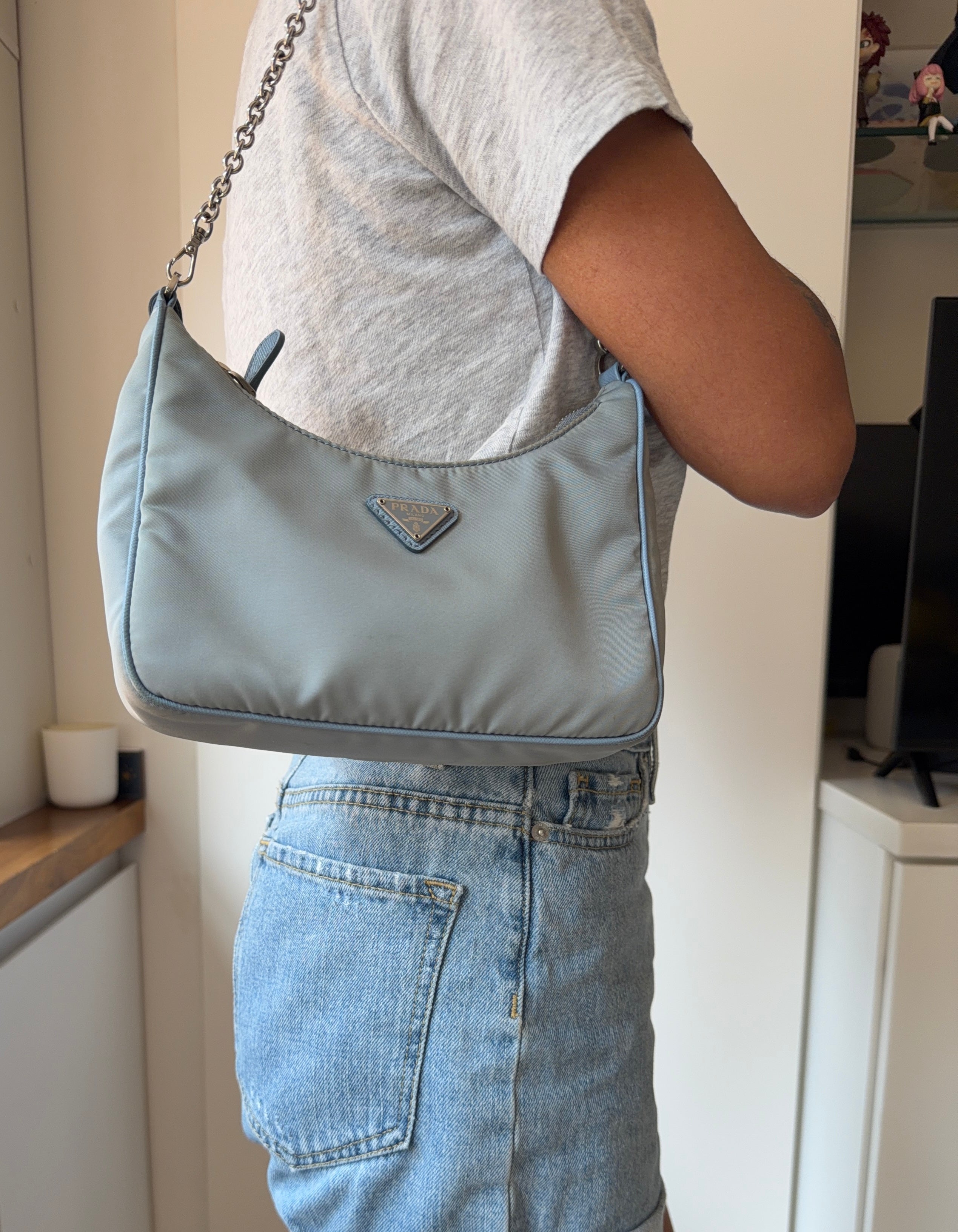 Authentic Prada Re-Edition 2005 Nylon Shoulder Bag Light Blue with Pouch