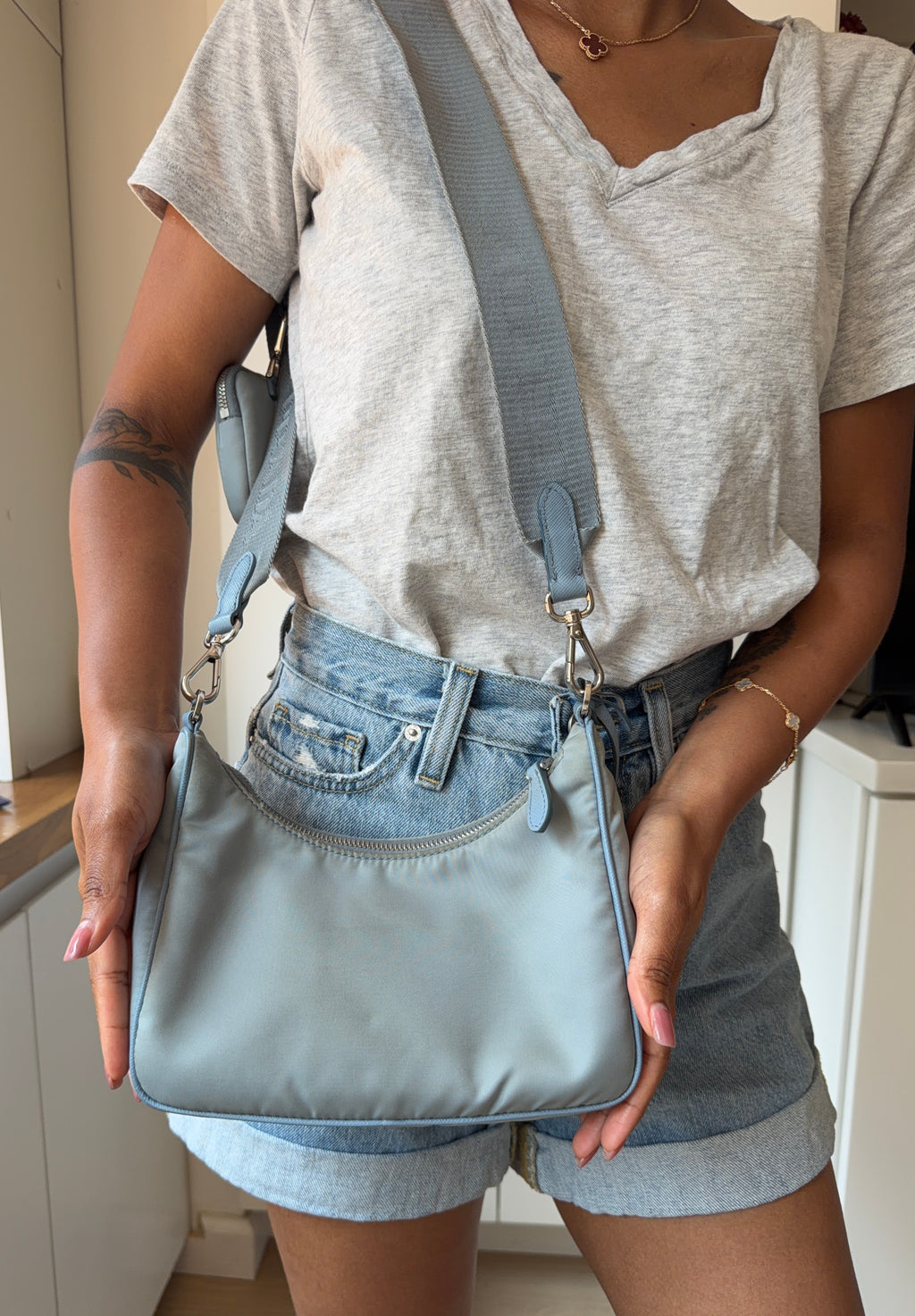 Authentic Prada Re-Edition 2005 Nylon Shoulder Bag Light Blue with Pouch