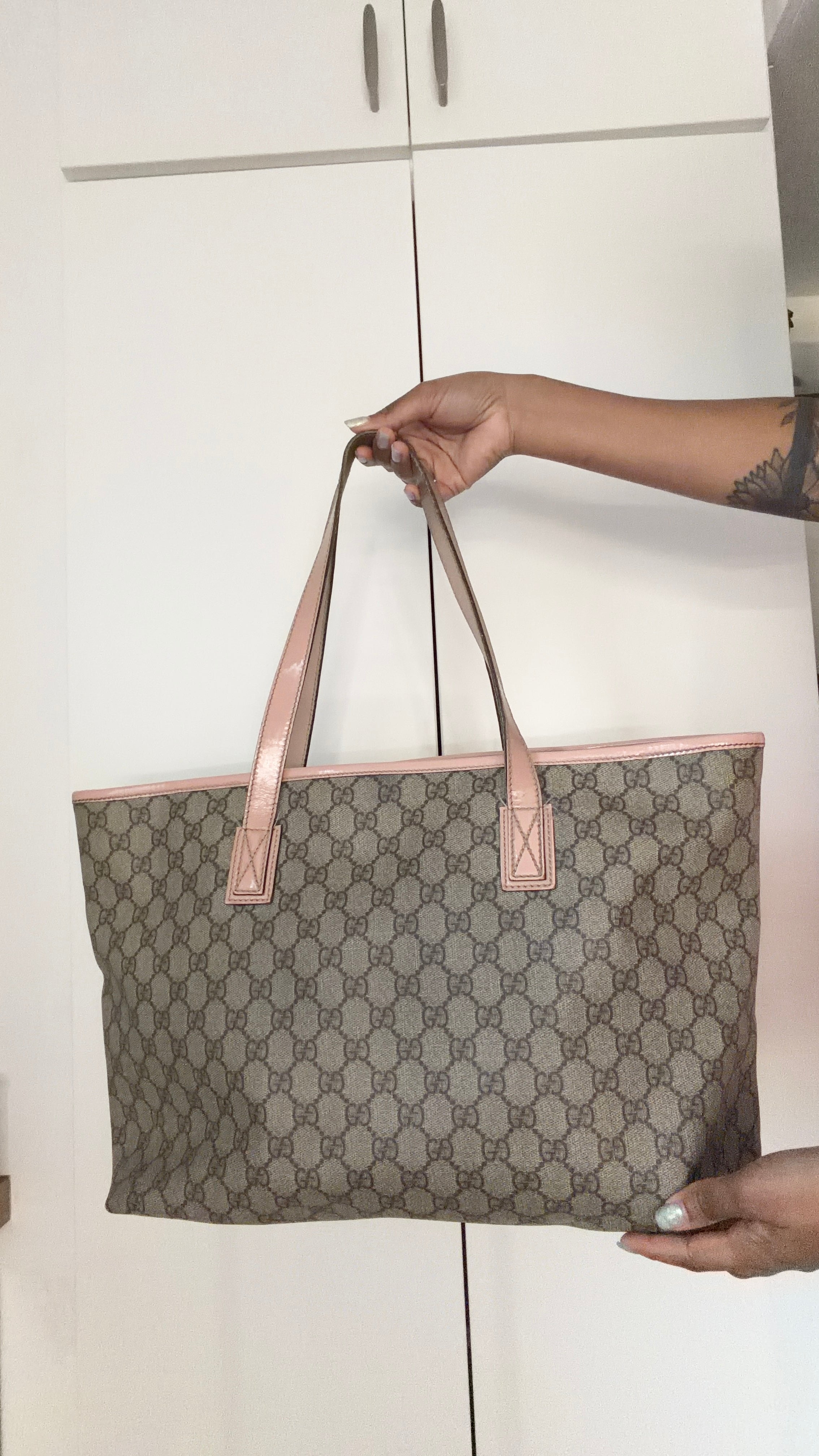 Authentic Vintage Gucci GG Supreme Canvas Tote Bag Pink Leather