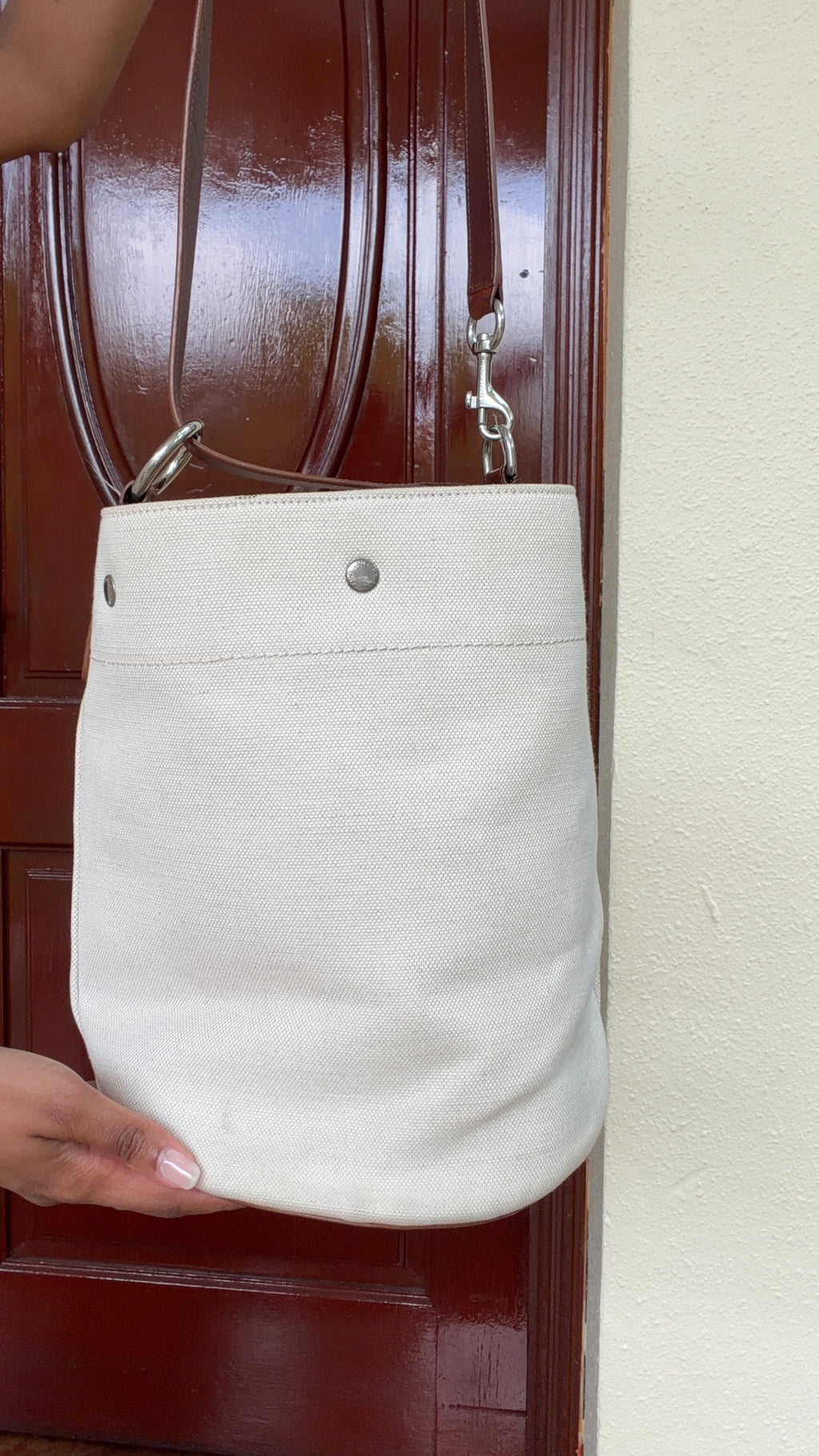 Saint Laurent Rive Gauche Canvas Bucket Bag – White & Brown