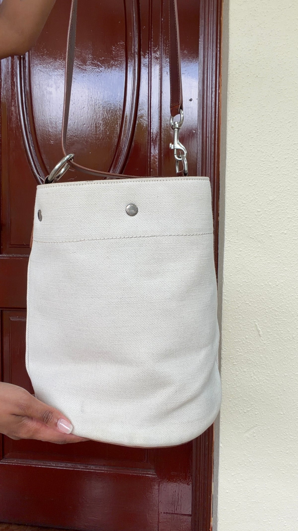 Saint Laurent Rive Gauche Canvas Bucket Bag – White & Brown