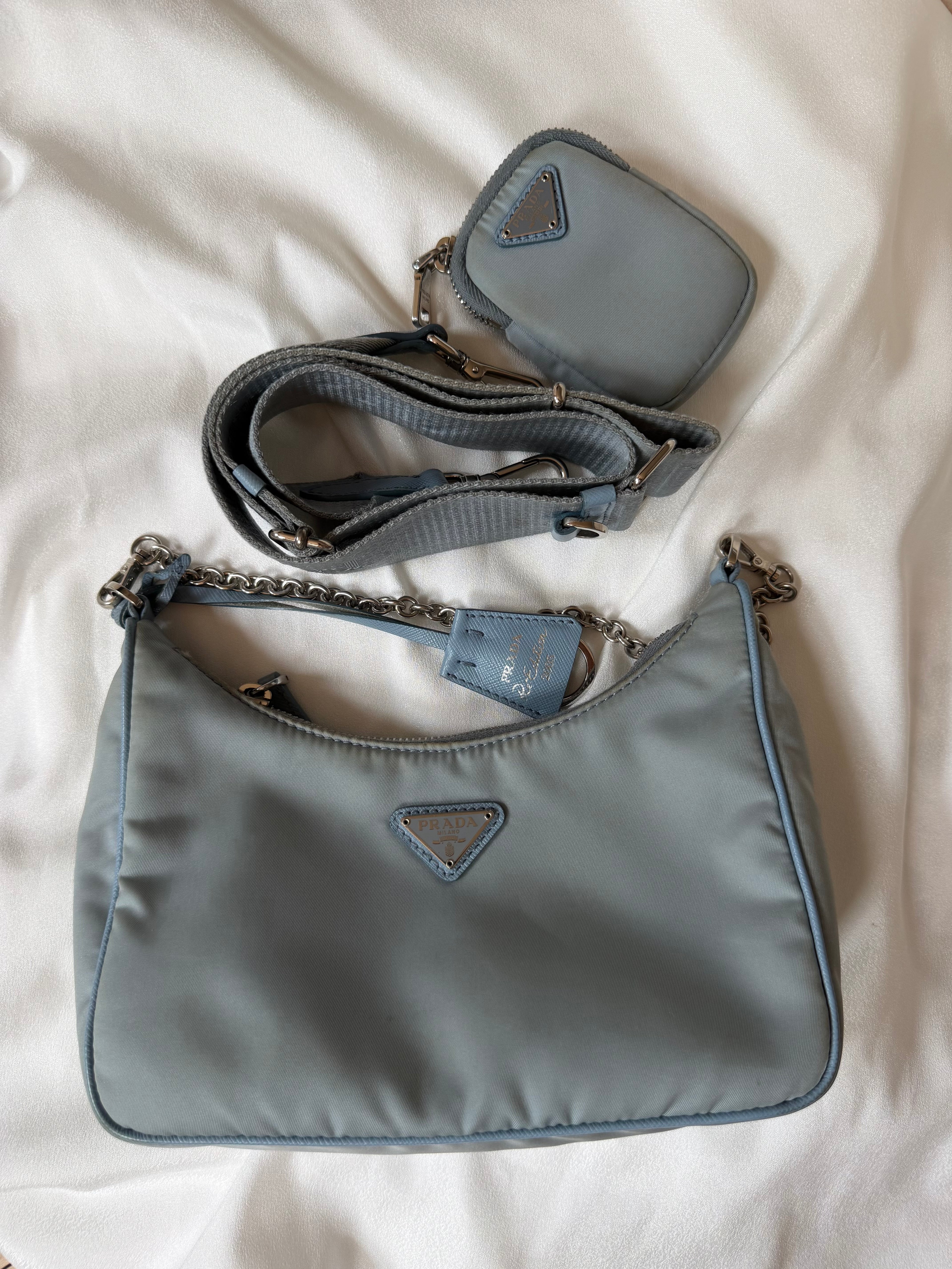 Authentic Prada Re-Edition 2005 Nylon Shoulder Bag Light Blue with Pouch