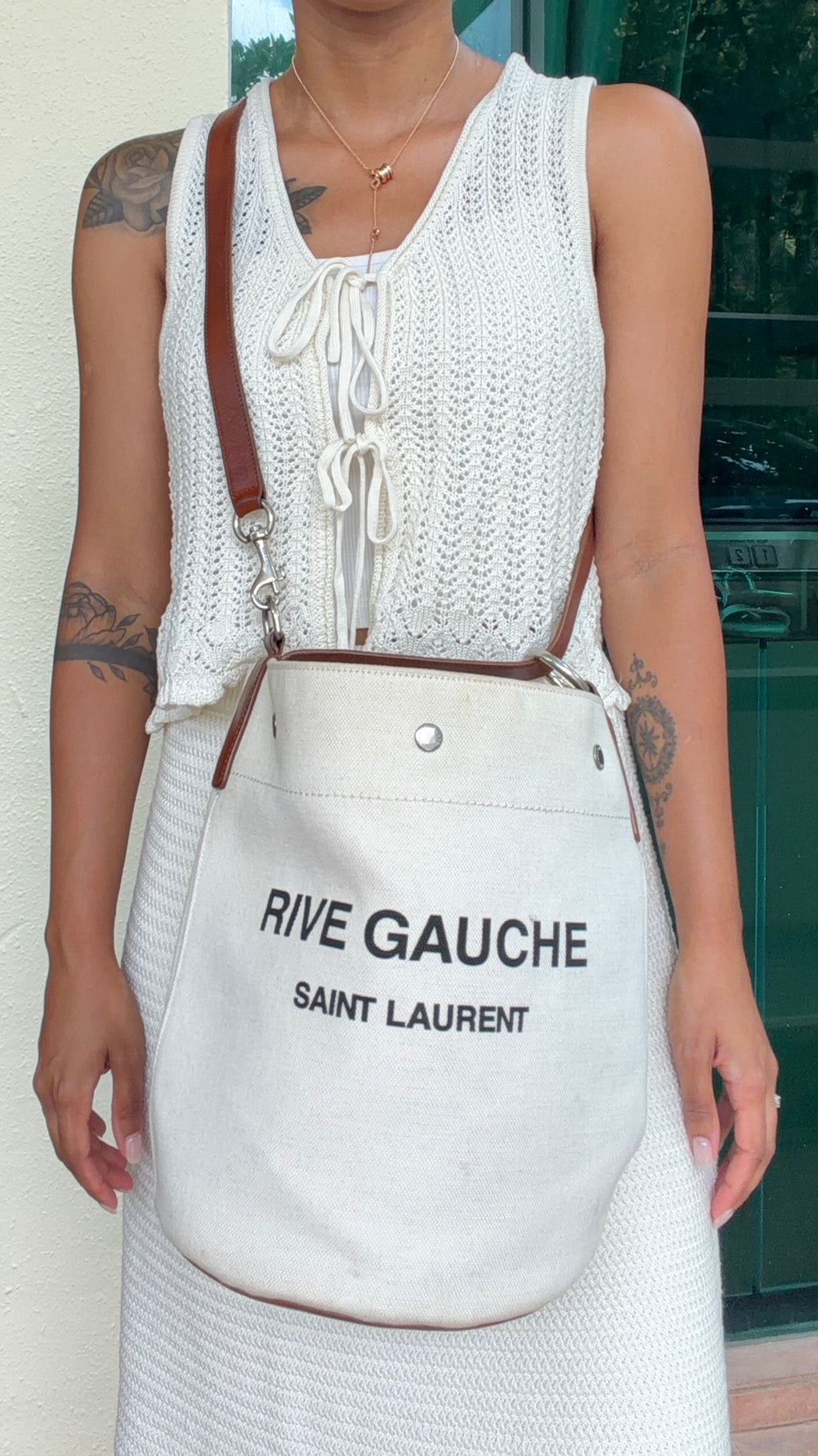 Saint Laurent Rive Gauche Canvas Bucket Bag – White & Brown