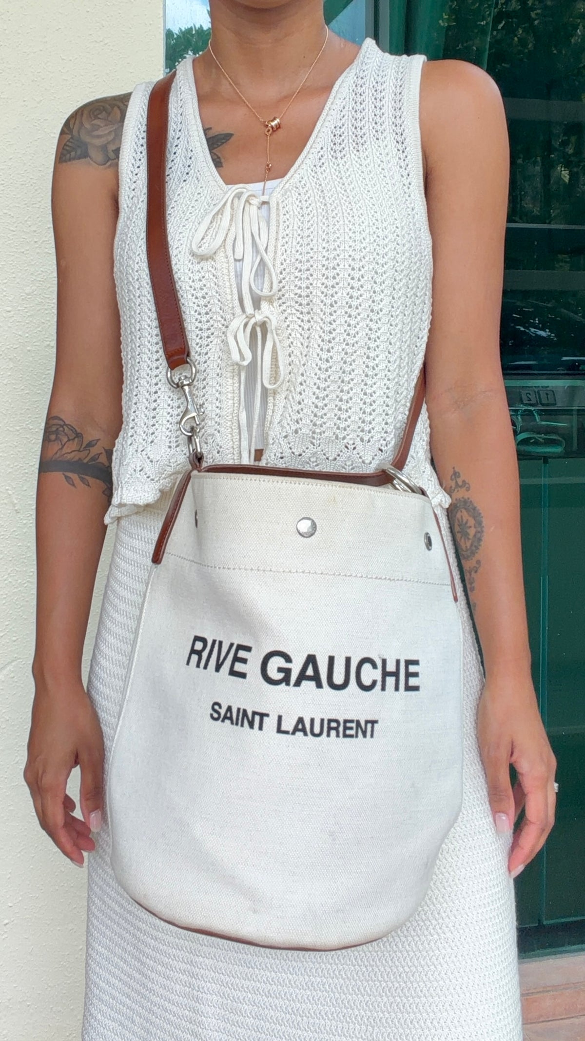 Saint Laurent Rive Gauche Canvas Bucket Bag – White & Brown