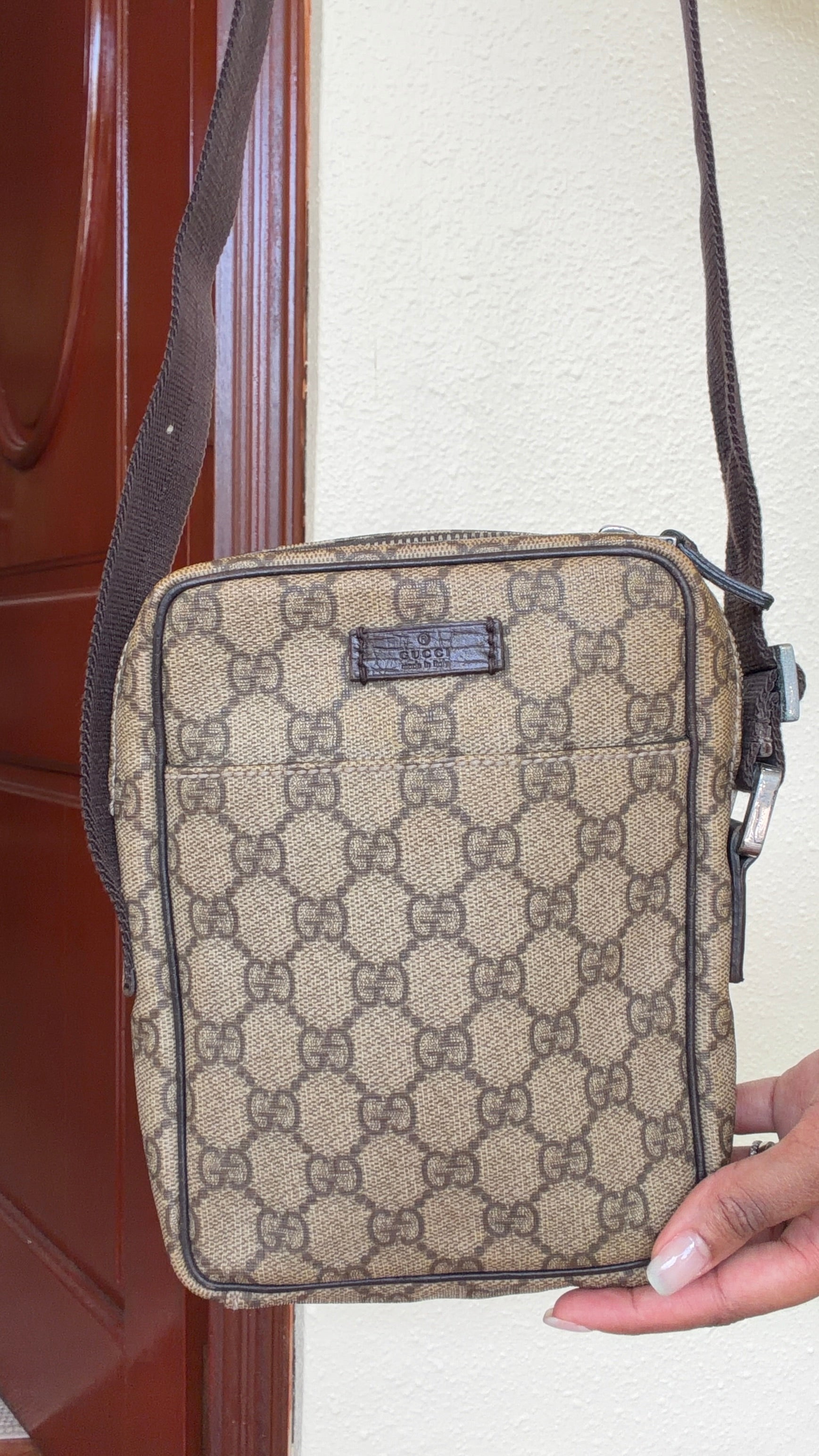Vintage Gucci GG Monogram Brown Canvas Sling Crossbody Bag