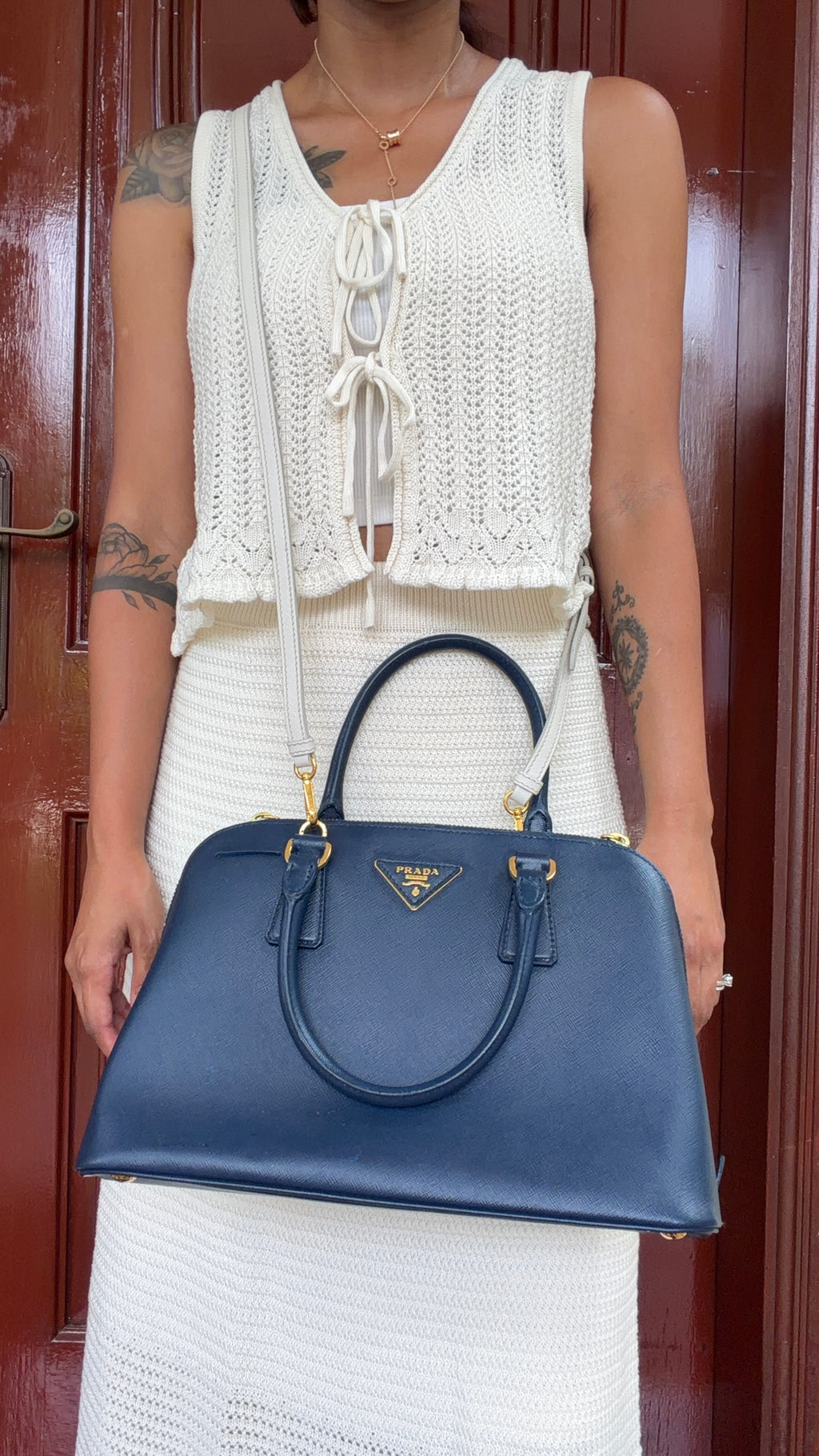 Prada BL0937 Blue Saffiano Leather 2-Way Top Handle Shoulder Bag