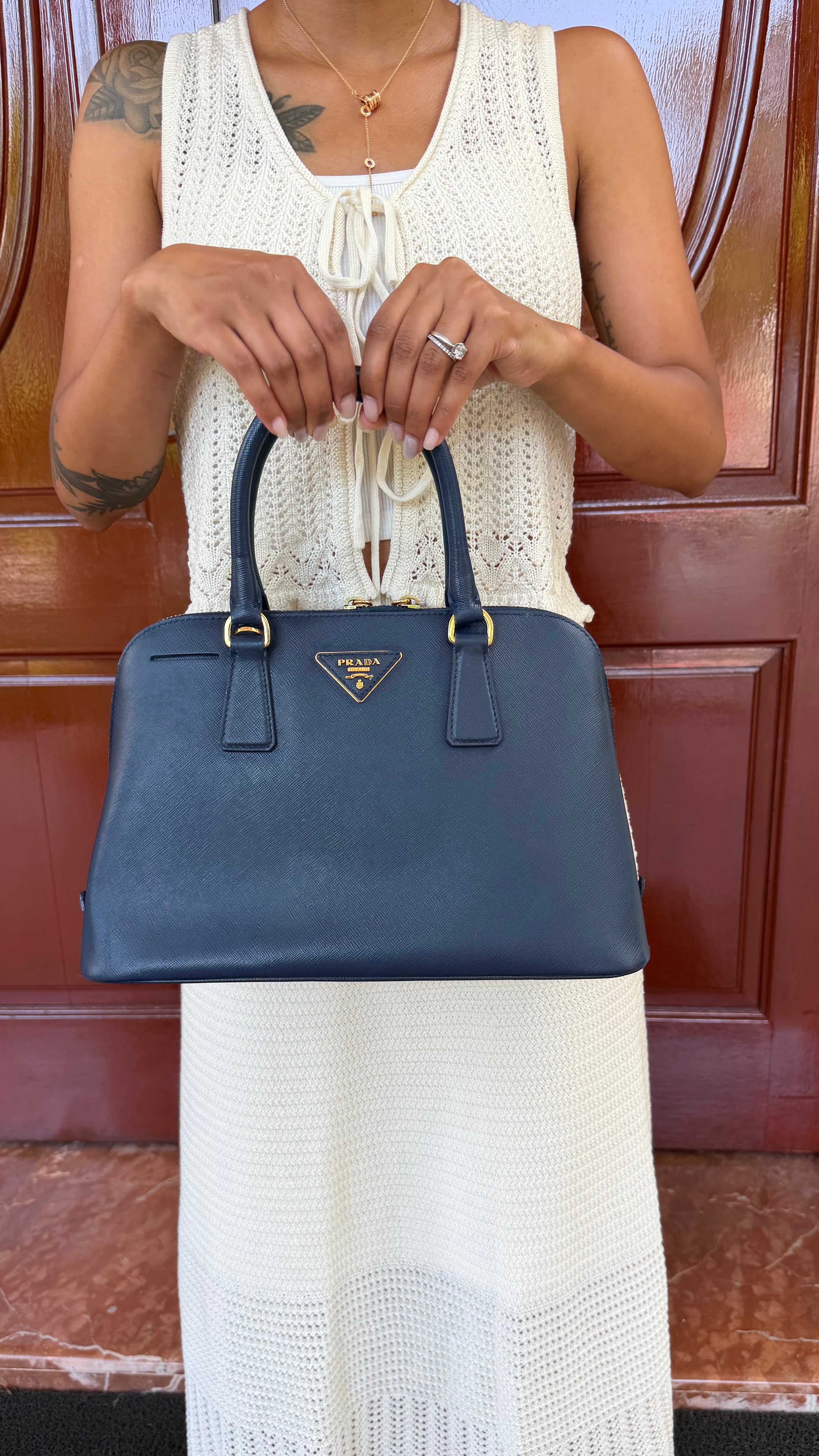 Prada BL0937 Blue Saffiano Leather 2-Way Top Handle Shoulder Bag