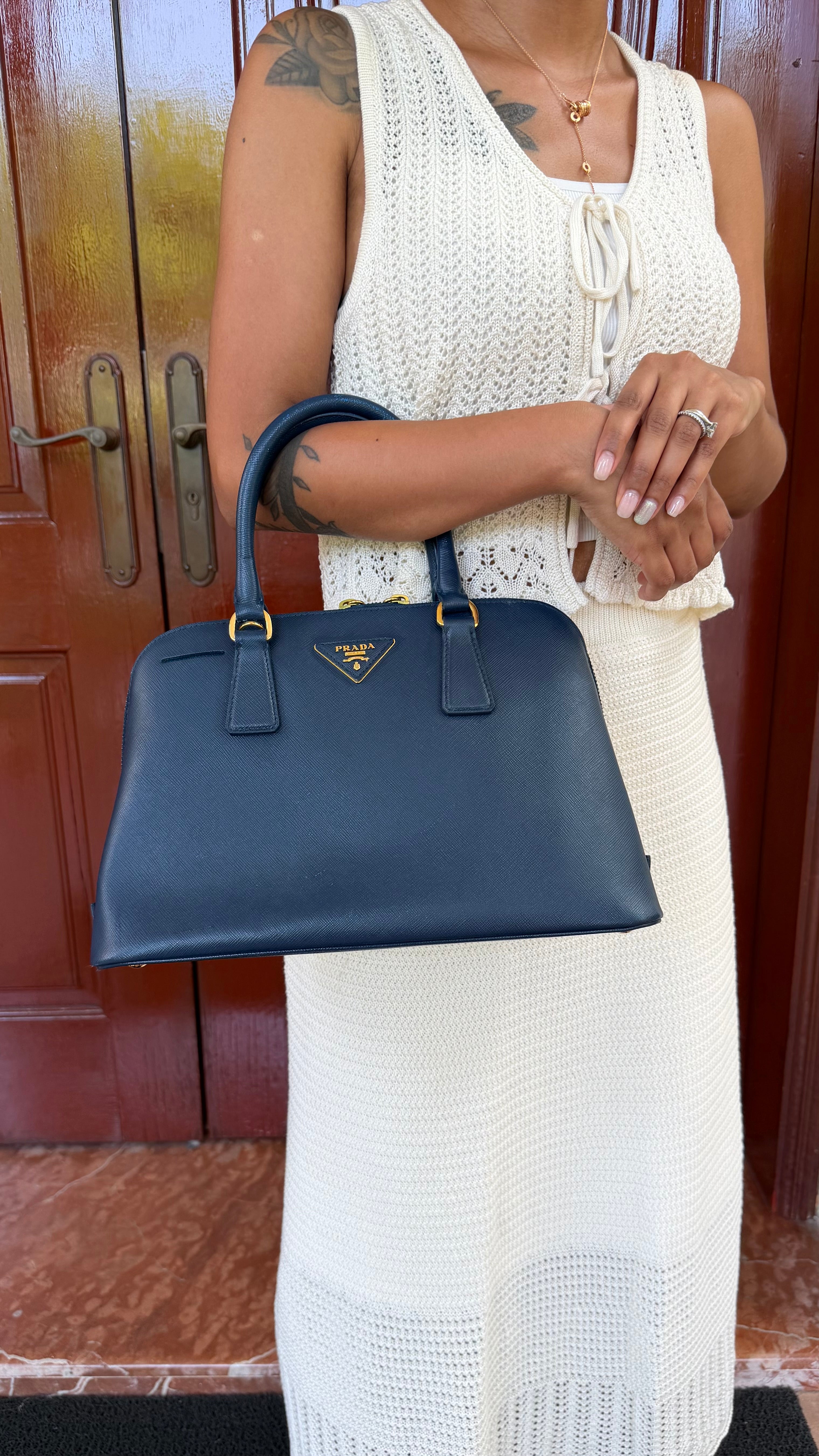 Prada BL0937 Blue Saffiano Leather 2-Way Top Handle Shoulder Bag