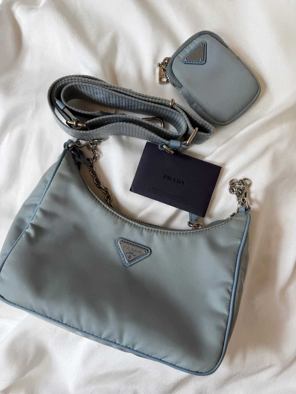 Authentic Prada Re-Edition 2005 Nylon Shoulder Bag Light Blue with Pouch