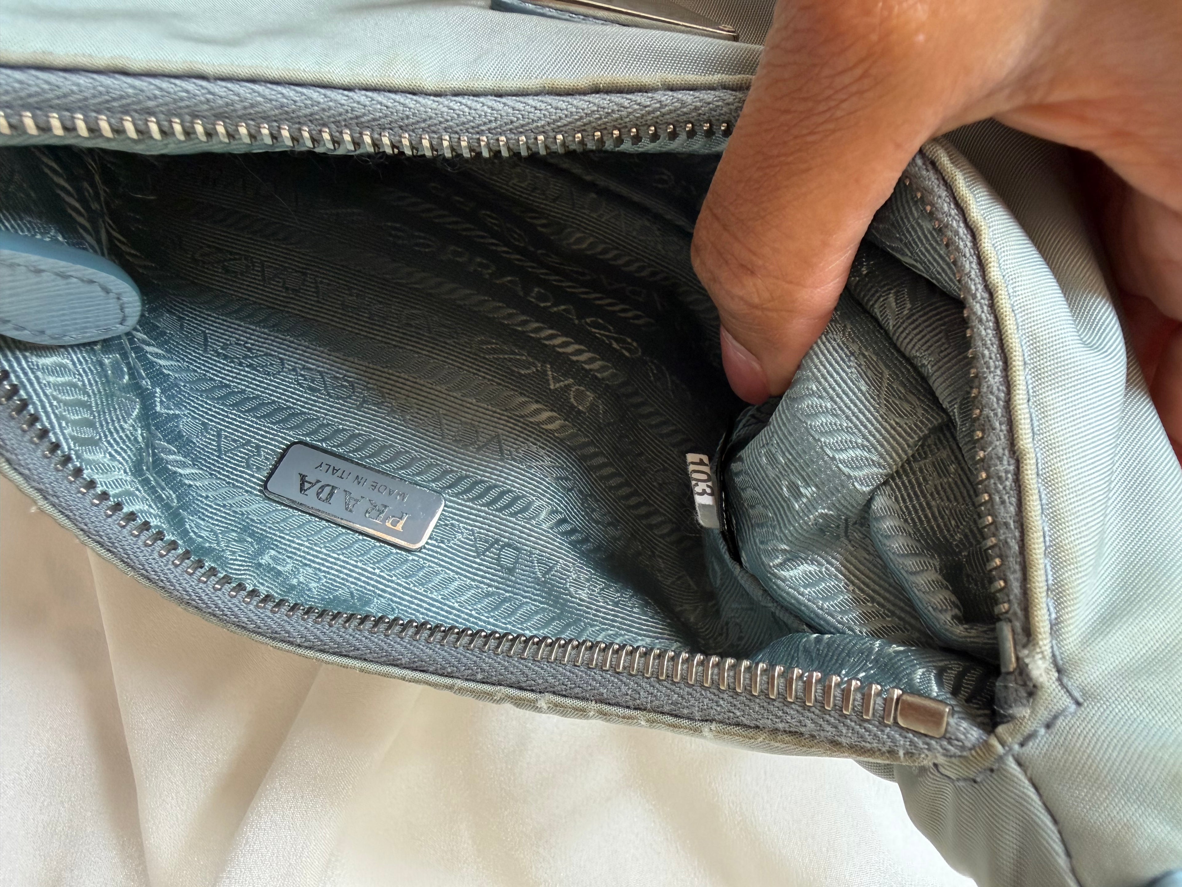 Authentic Prada Re-Edition 2005 Nylon Shoulder Bag Light Blue with Pouch