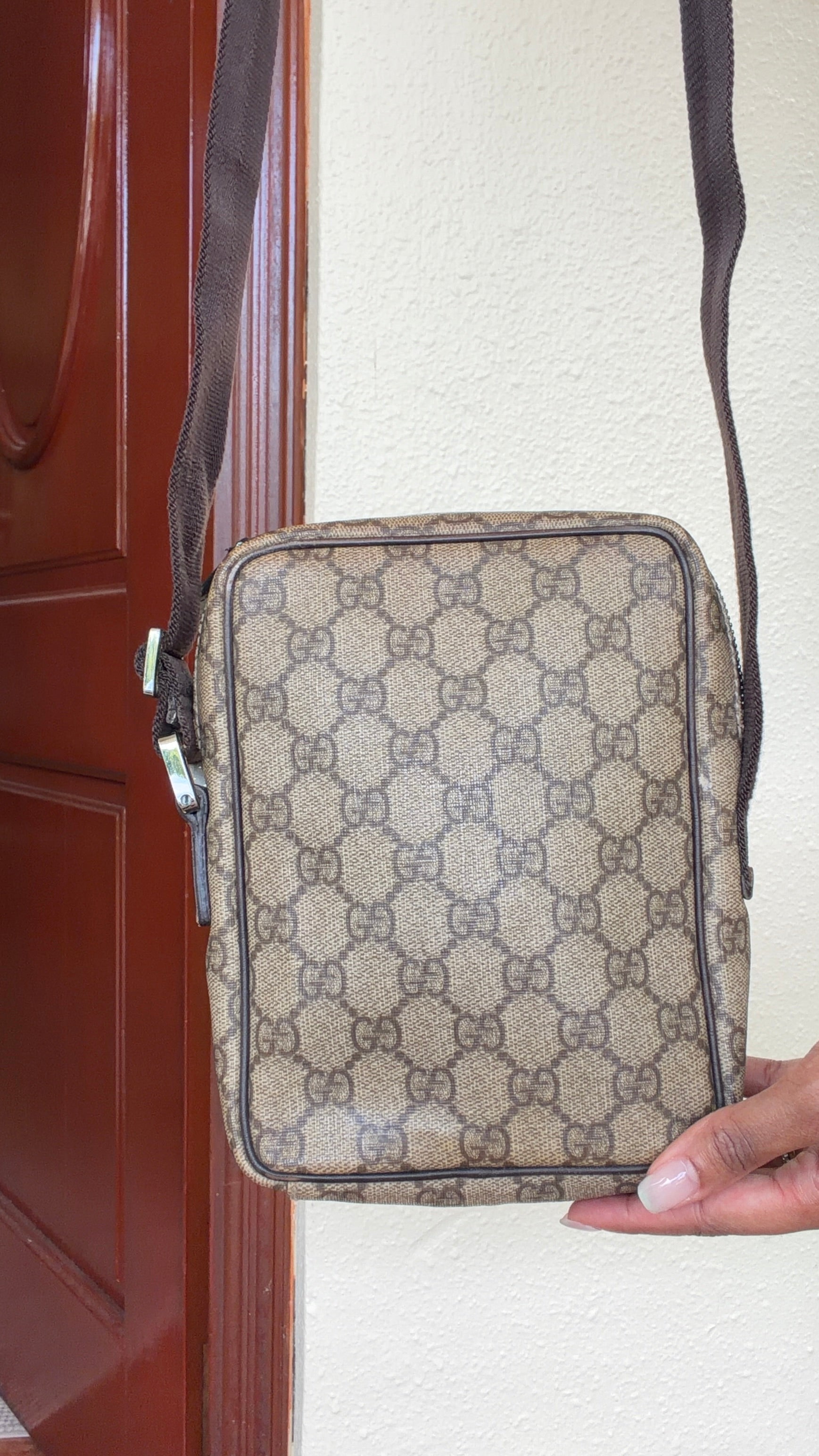 Vintage Gucci GG Monogram Brown Canvas Sling Crossbody Bag