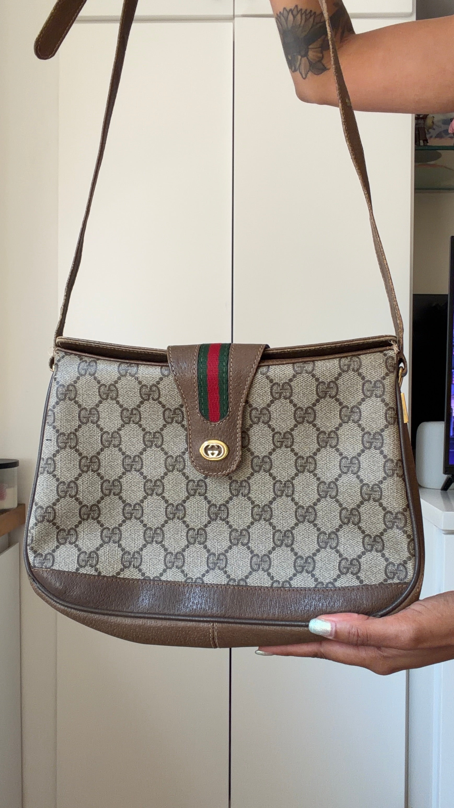 Authentic Vintage Gucci GG Supreme Web Stripe Shoulder Bag Brown