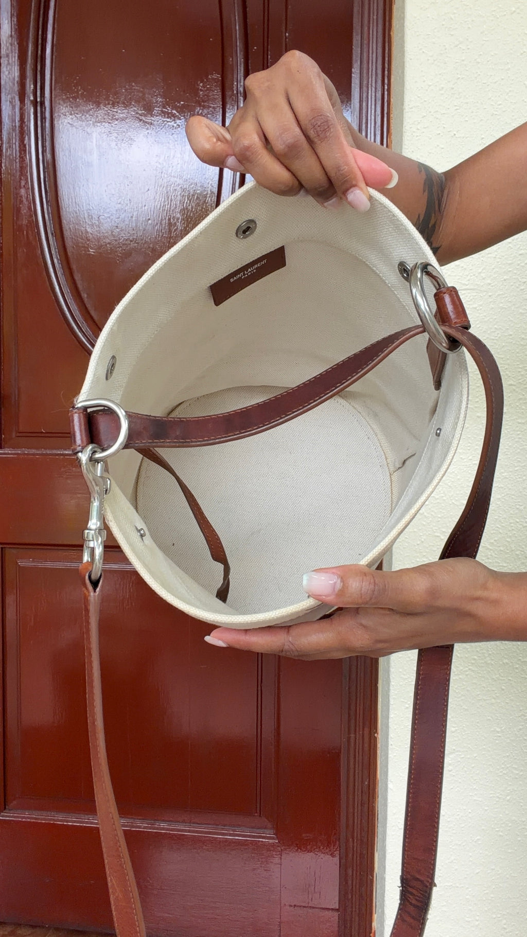 Saint Laurent Rive Gauche Canvas Bucket Bag – White & Brown