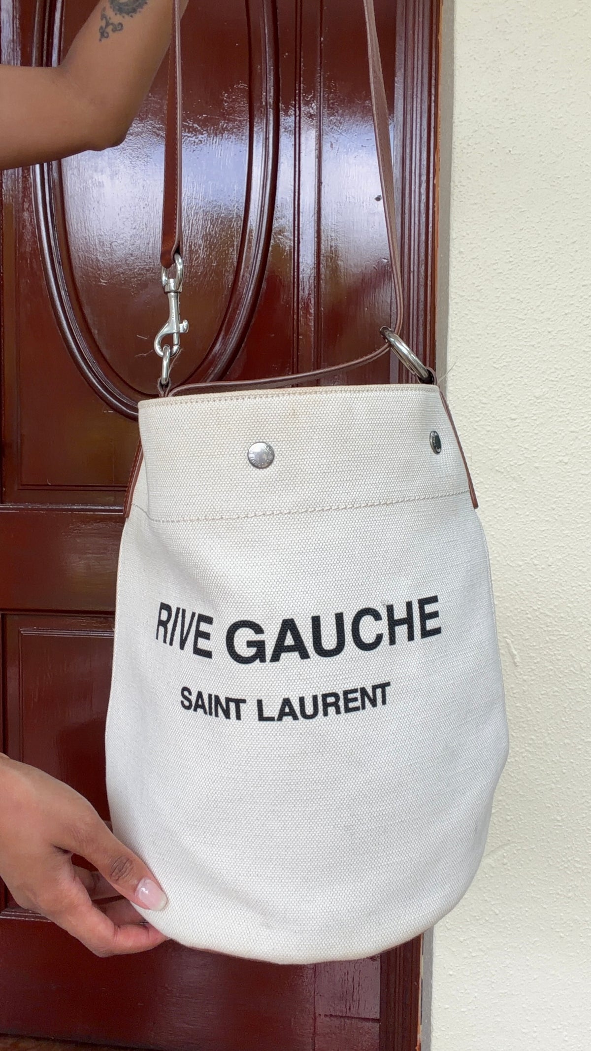 Saint Laurent Rive Gauche Canvas Bucket Bag – White & Brown