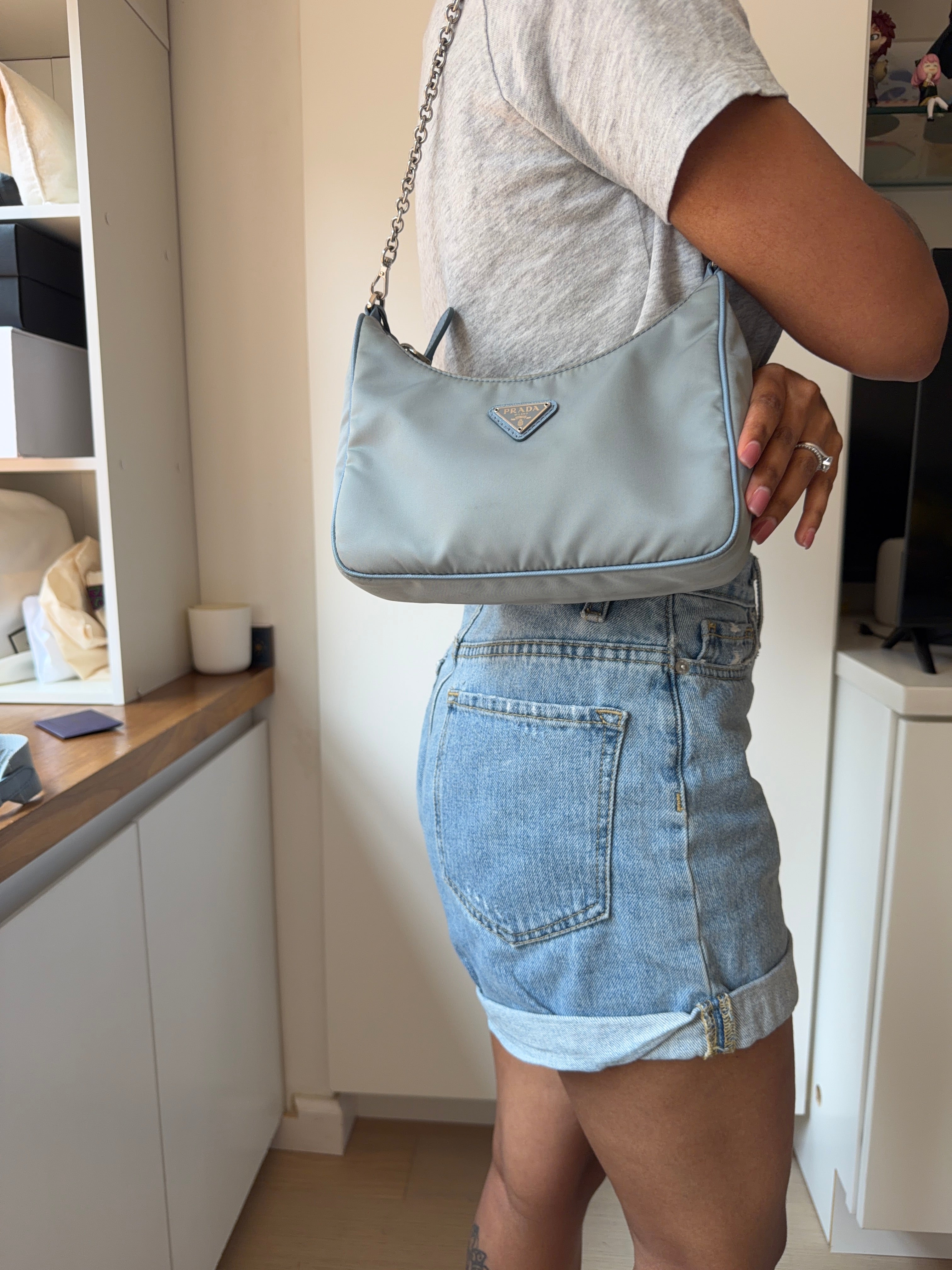 Authentic Prada Re-Edition 2005 Nylon Shoulder Bag Light Blue with Pouch