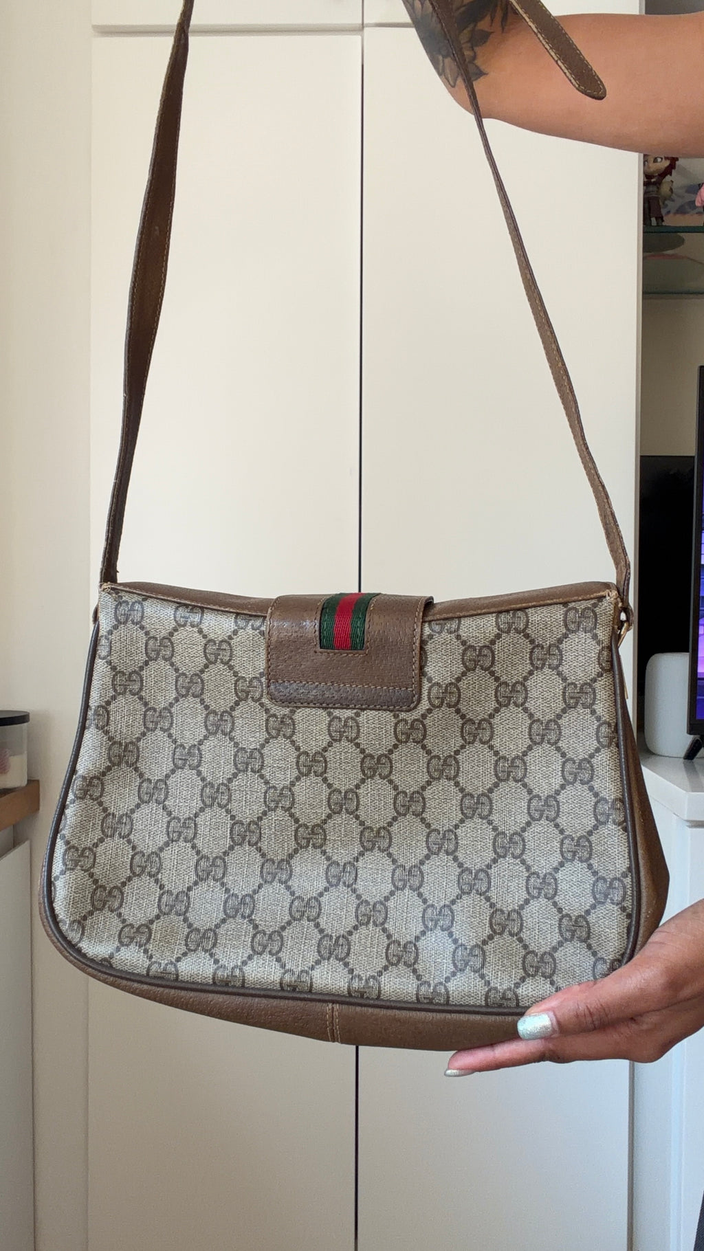 Authentic Vintage Gucci GG Supreme Web Stripe Shoulder Bag Brown