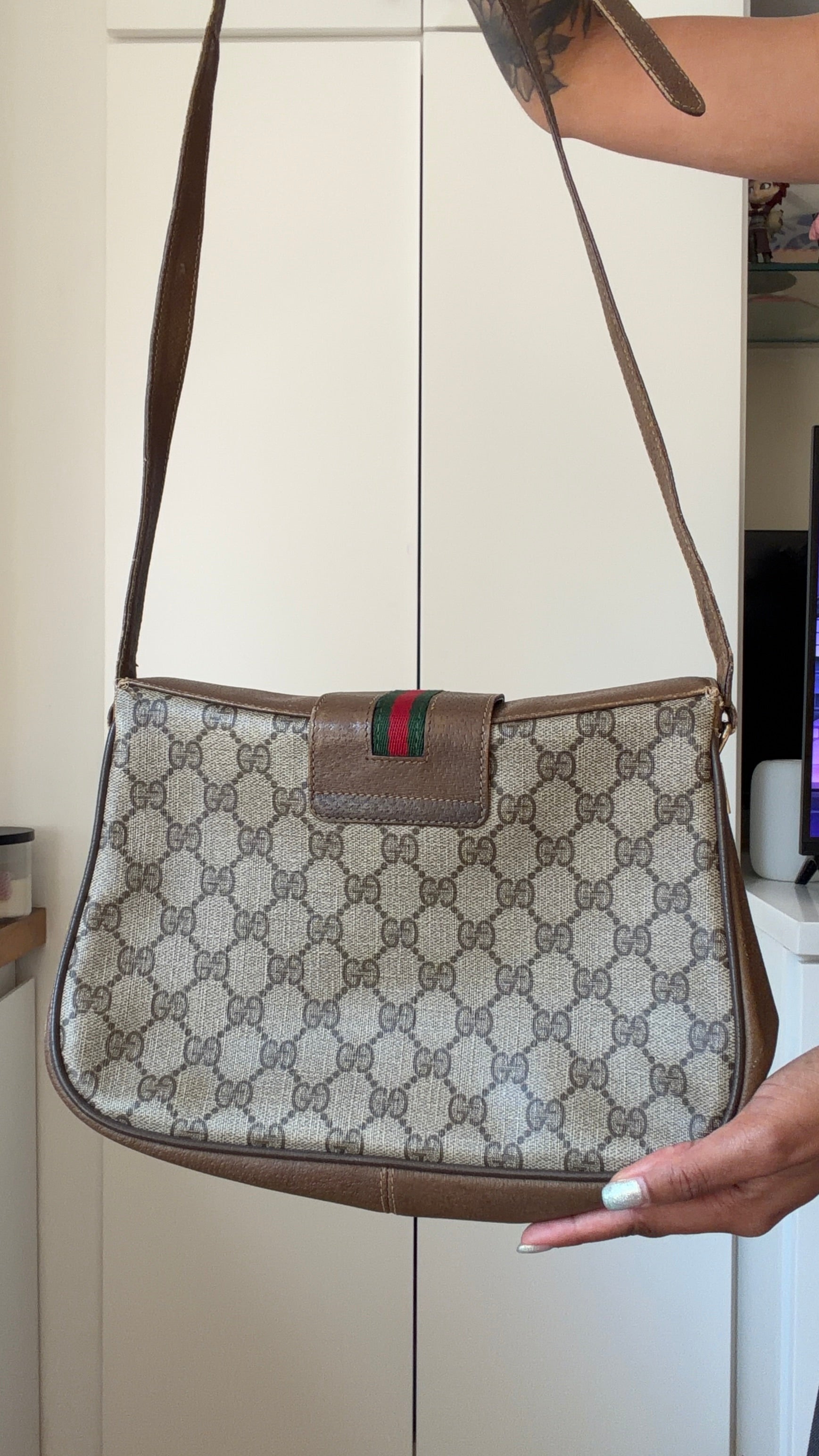 Authentic Vintage Gucci GG Supreme Web Stripe Shoulder Bag Brown