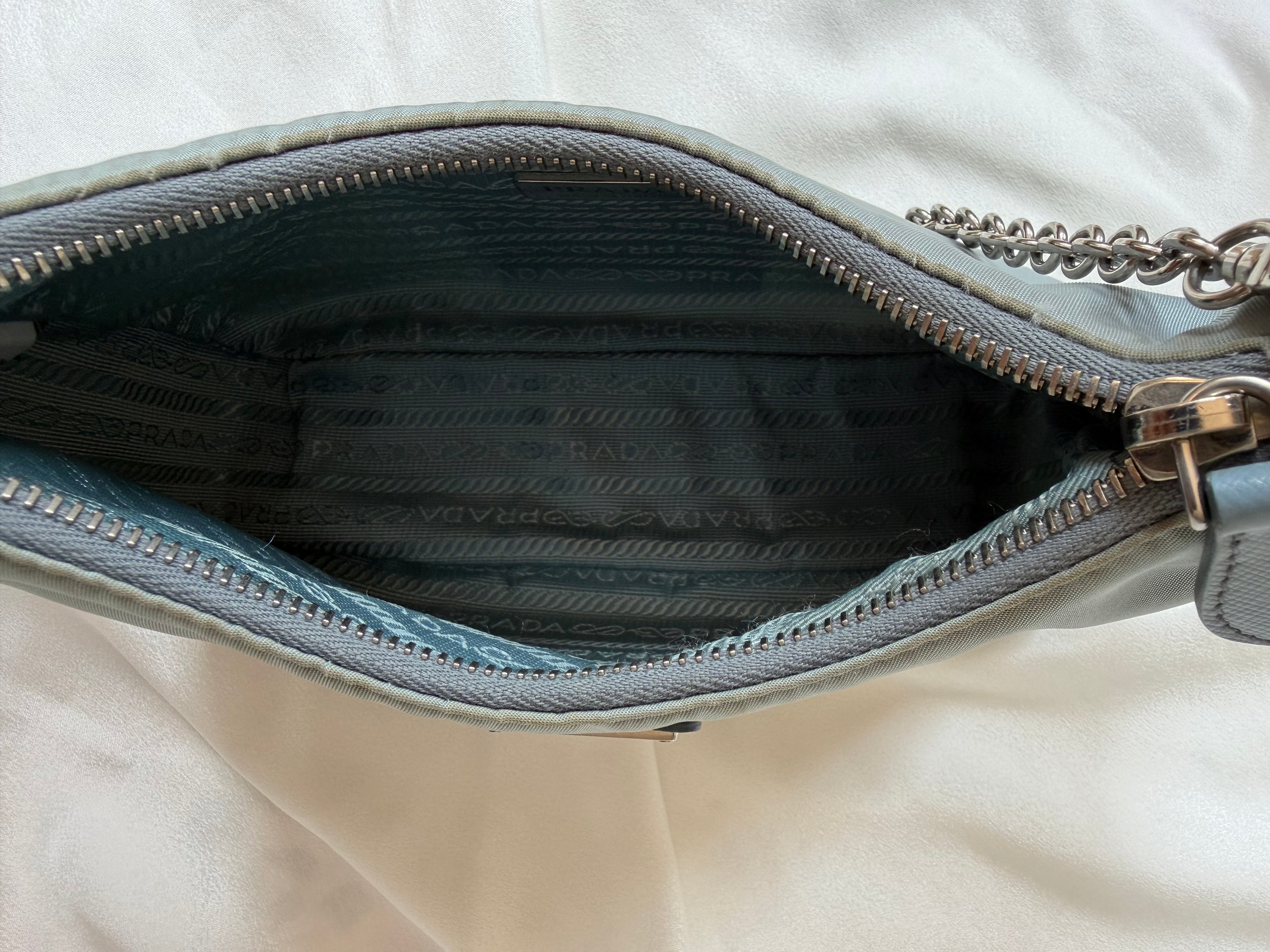 Authentic Prada Re-Edition 2005 Nylon Shoulder Bag Light Blue with Pouch