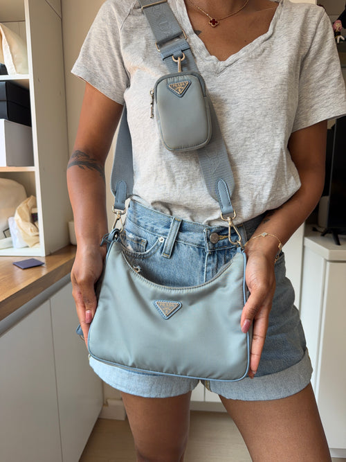 Authentic Prada Re-Edition 2005 Nylon Shoulder Bag Light Blue with Pouch